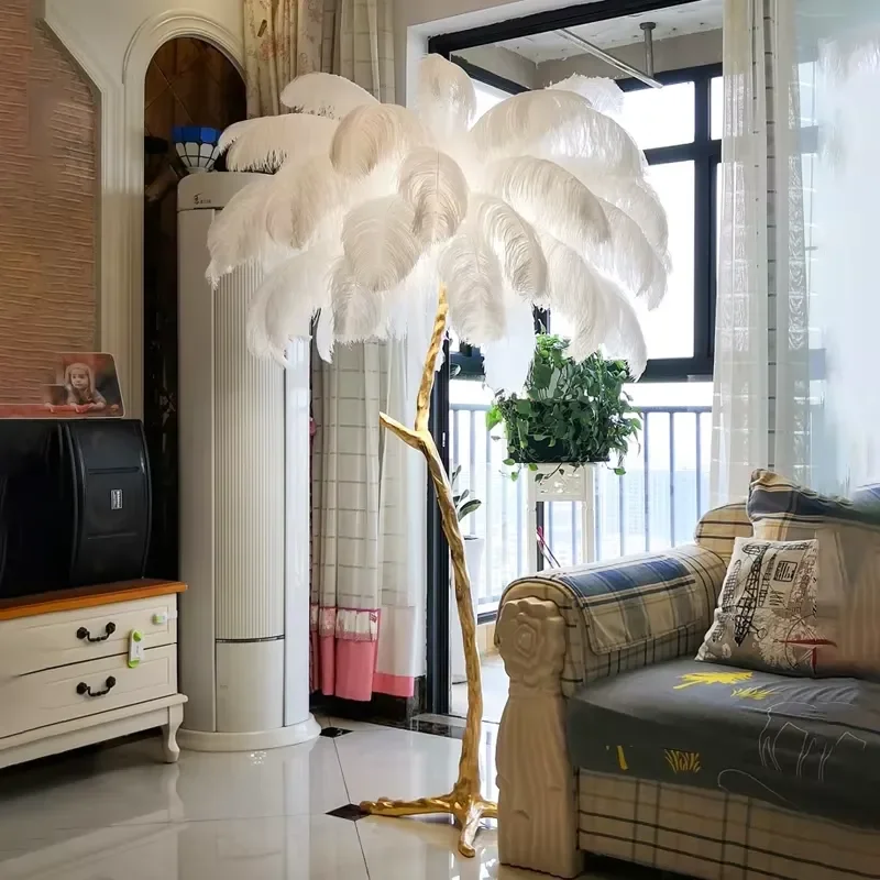 Nordic Resin Twigs Ostrich Feather Led Floor Lamp For Living Room Sofa Corner Bedroom Bedside Home Decor Standing Light