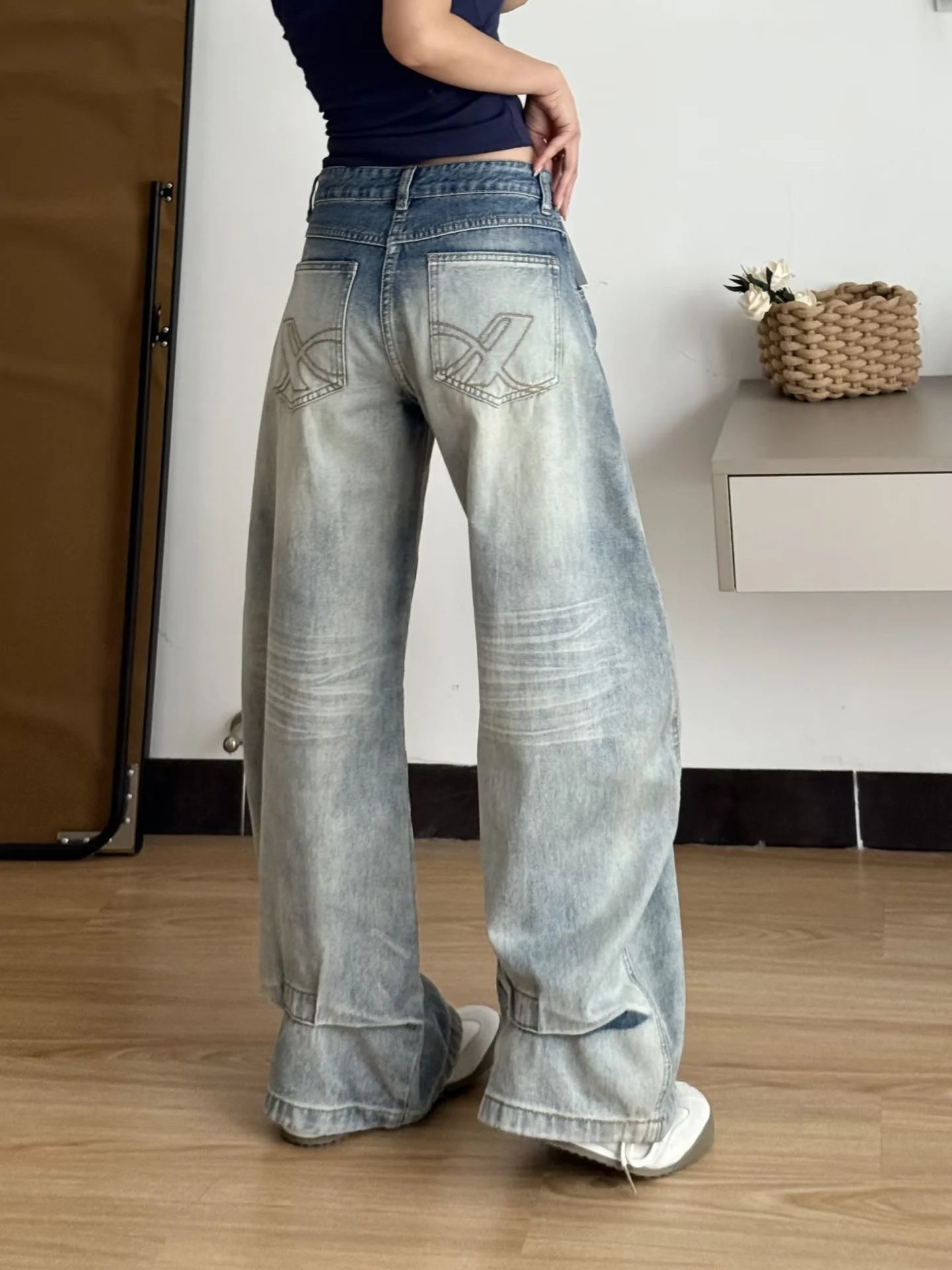 بالإضافة إلى حجم الجينز الأمريكي الرجعية المرأة الخريف الكمثرى الجسم القرد الدهون مم التخسيس فضفاض مستقيم الساق واسعة الساق طول الأرض...