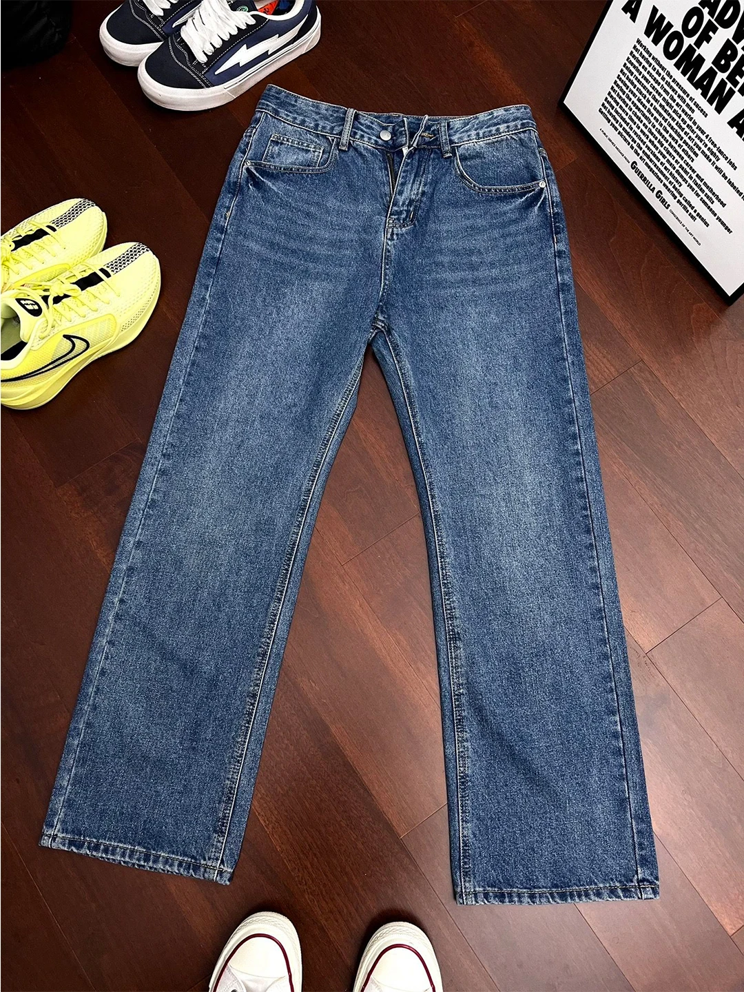 

Deep Blue Men's Jeans American Style High Street Straight Leg Micro Flared Pants Wide Leg Workwear Trousers Cleanfit