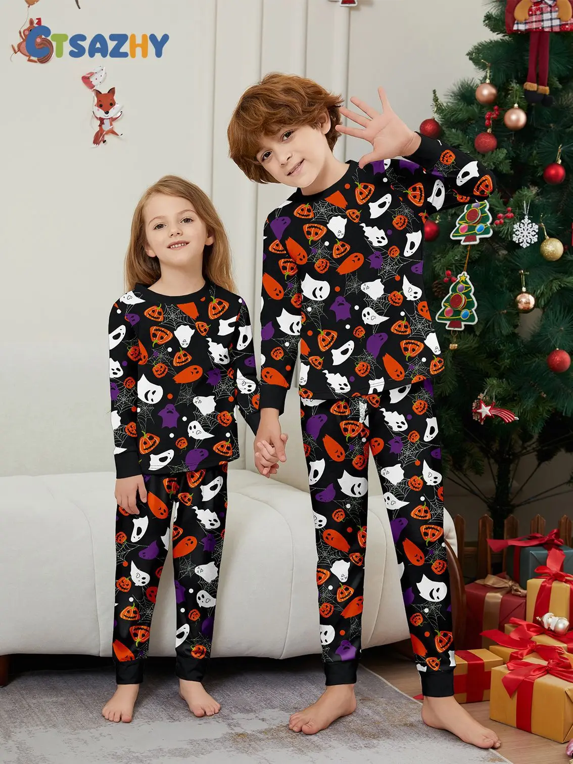 New Family Halloween Matching Outfits Set Pumpkin Demon Print Parent-child Long Sleeve Soft Sleepwear 2 Pcs Family Look Pyjamas