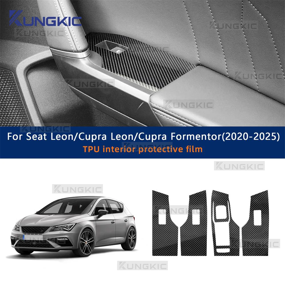 Car Interior Film TPU for Seat Cupra Leon Formentor 2020-2025 Protection Door Window Switch Lifter Carbon Texture Sticker LHD