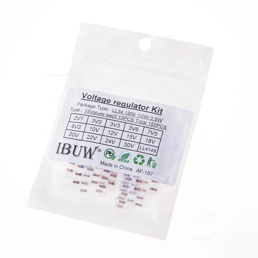 15Value *10pcs=150pcs  2.7V 3.3V 7.5V  LL34 SMD Zener Diode Assorted Kit 0.5W 2.7V-30V And LL4148 10V 12V 15V 18V 20V 24V 30V