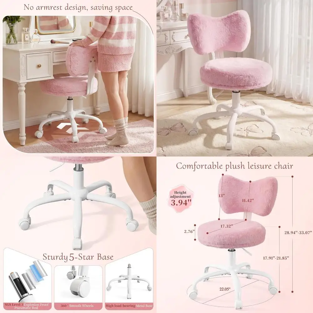 

Height-Adjustable Pink Desk Chair with Bow Backrest, Ideal for Makeup Rooms, Bedrooms, Dorms, and Small Spaces