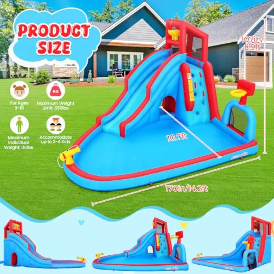 Backyard inflatable water slide for kids: PVC blue and yellow 14.2 ft 9-in-1 set with pool slide soccer field dump bucket obsta