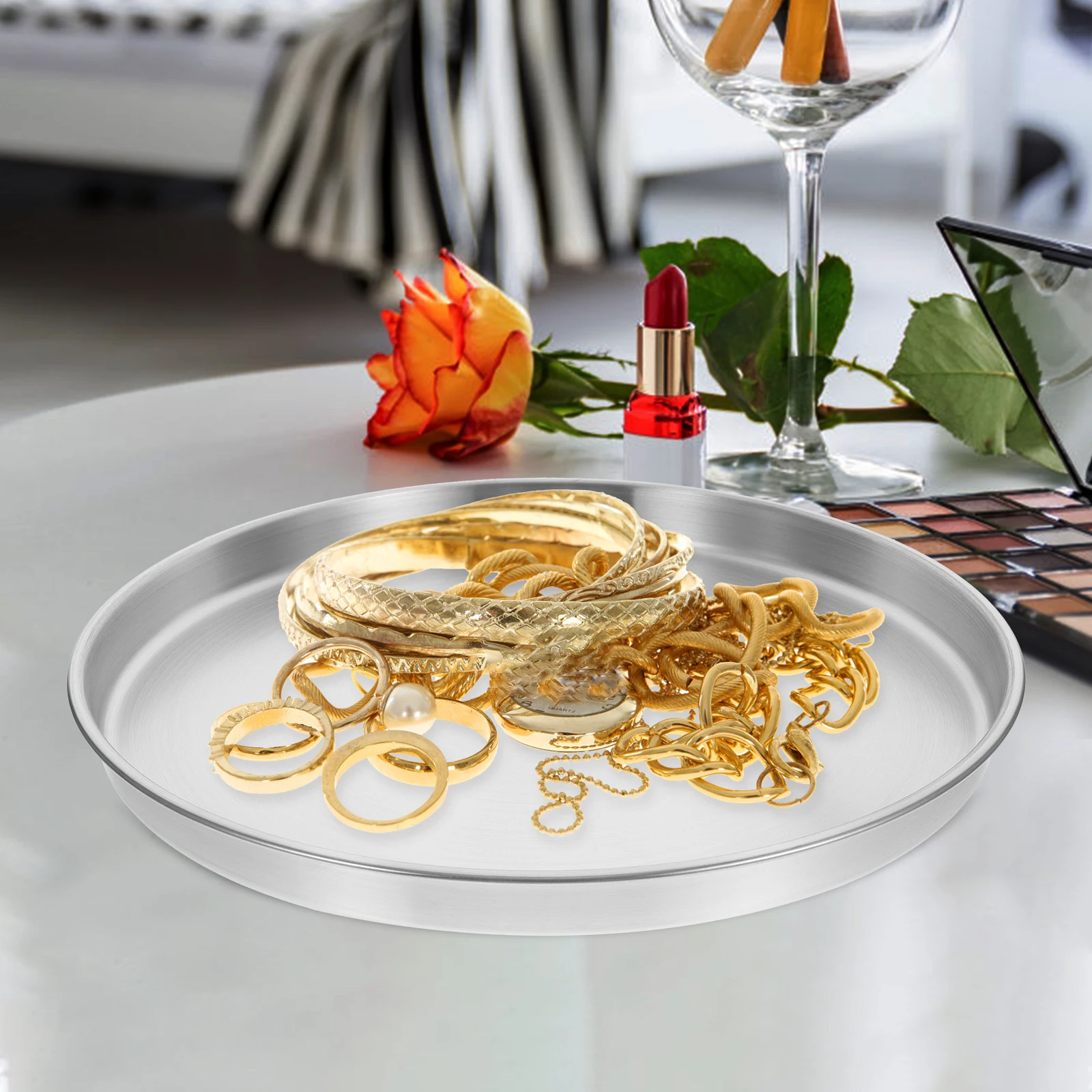 

Stainless Steel Tray Flat Bottom Home Metal Silver Jewelry Desktop Jewelry Holder Dish Tray Food Plate Decorative ganizer