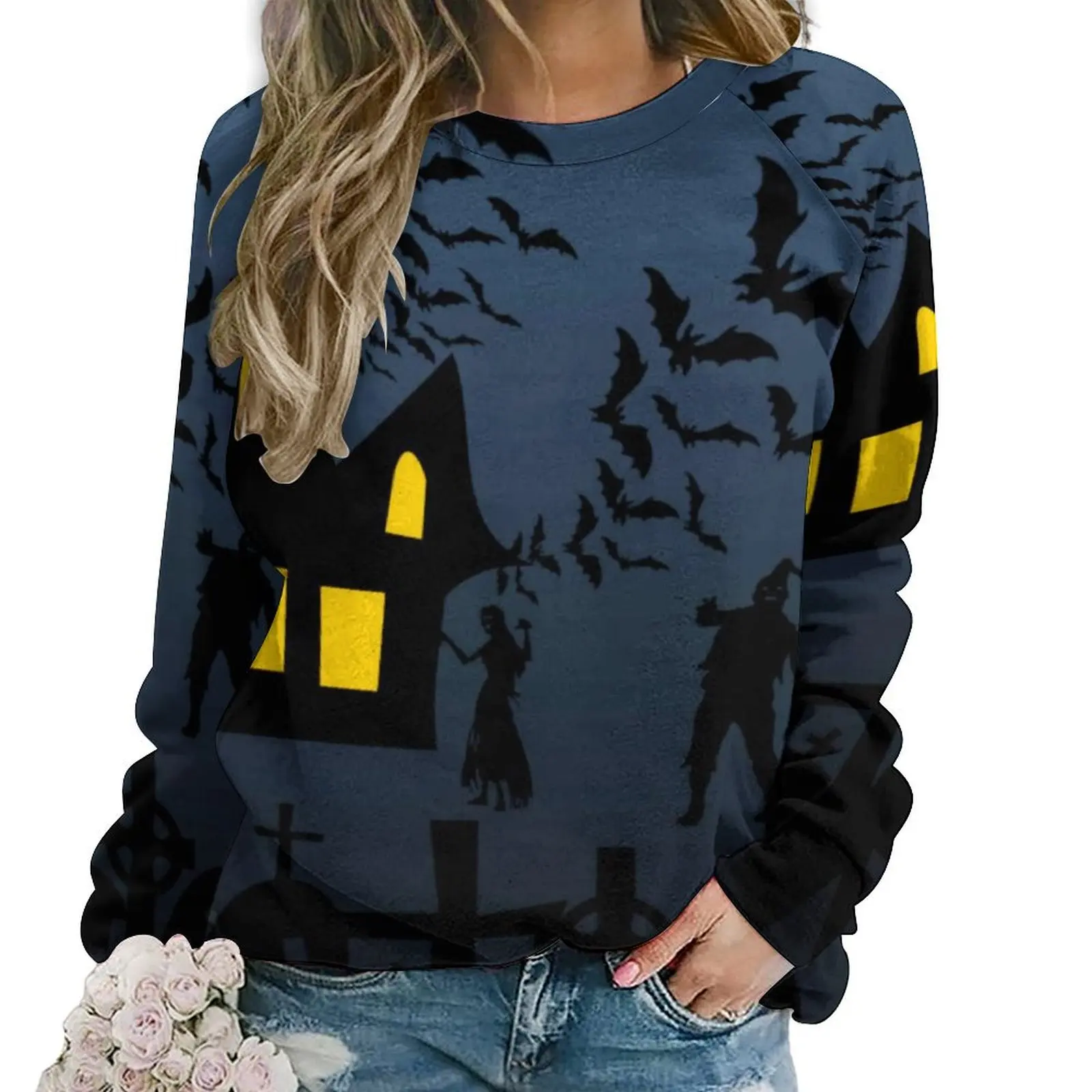 Halloween Bats Hoodies Haunted House Harajuku Oversized Hoodie Women Long Sleeve Elegant Design Casual Clothes