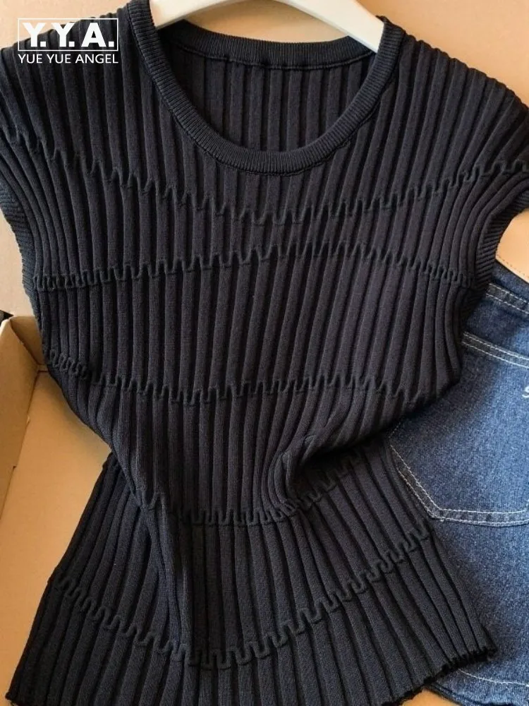 

Korean Style Female Solid Color Lotus Sleeves Vest Comfortable Round Neck Tops Ladies Fashion Elastic Knitted Tank Top