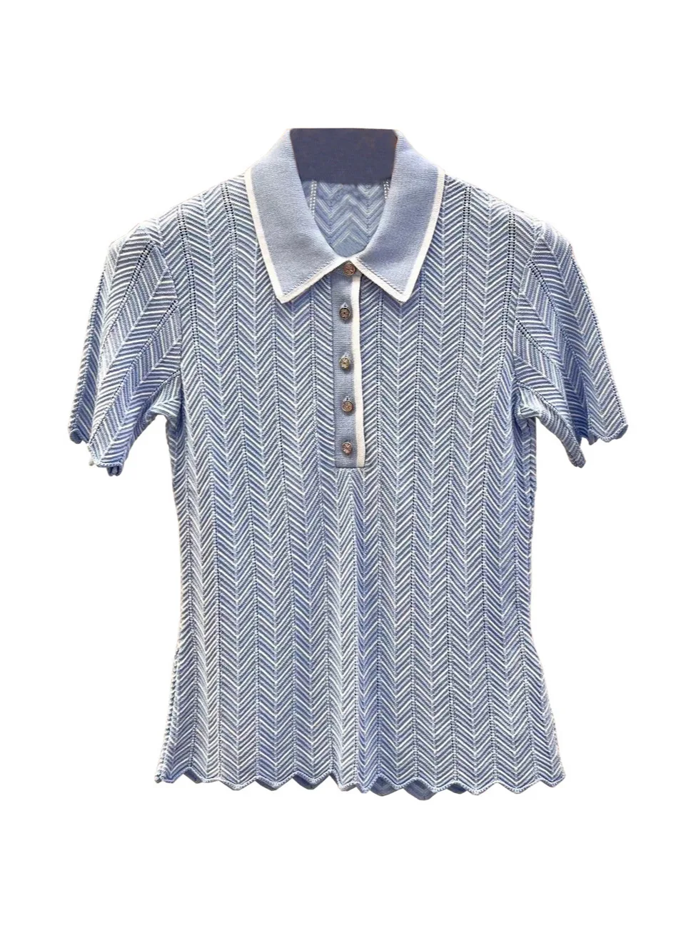

Women Light Blue Wave Edge Sweater Herringbone Pattern Hollow Out Turn-down Collar Female Short Sleeve