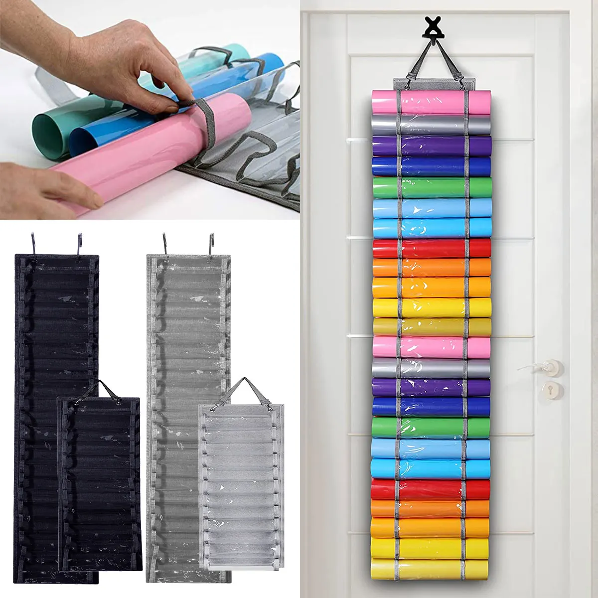 12/24 Grid Wall Mount Vinyl Roll Holder Hanging Over The Door Storage Organizer with 2 Hook Craft Roll Keeper  for Closet Studio