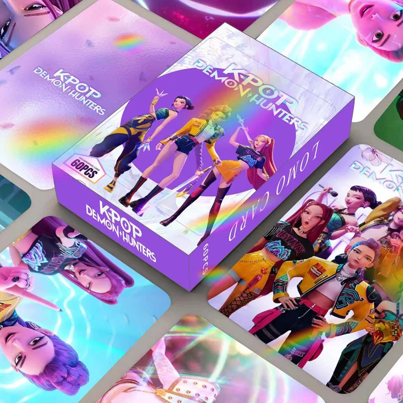 60 قطعة من بطاقات KPop Demon Hunters المجسمة على الوجهين بطاقات صور LOMO، مجموعة بطاقات تجارية أنيمي للفتيات من Huntrix لمحبي