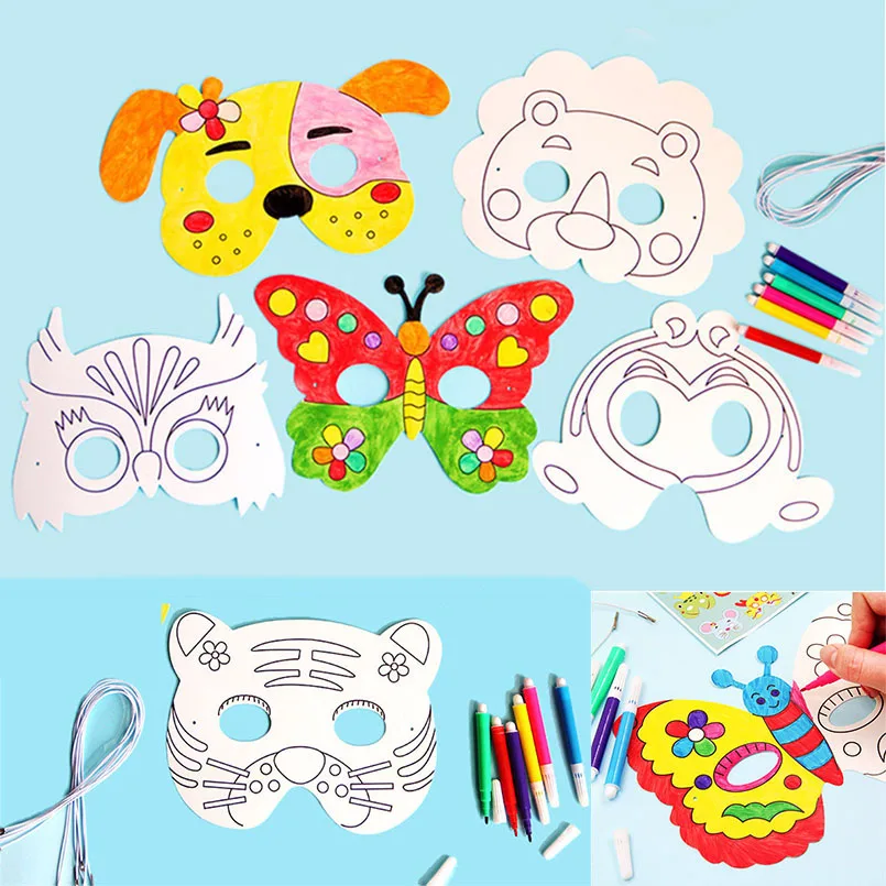 Desenhos animados animais máscara de papel para crianças, artesanato de grafite DIY, brinquedo pintado à mão, papel branco com canetas coloridas, 8 peças