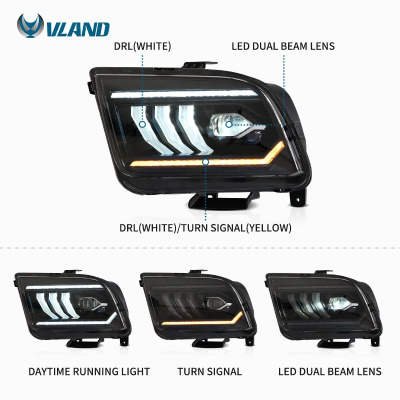 VLAND Full LED Head Lights Sequential Turn Signal Car Front Lamp Assembly 2005-2009 Headlights for Ford MUSTANG