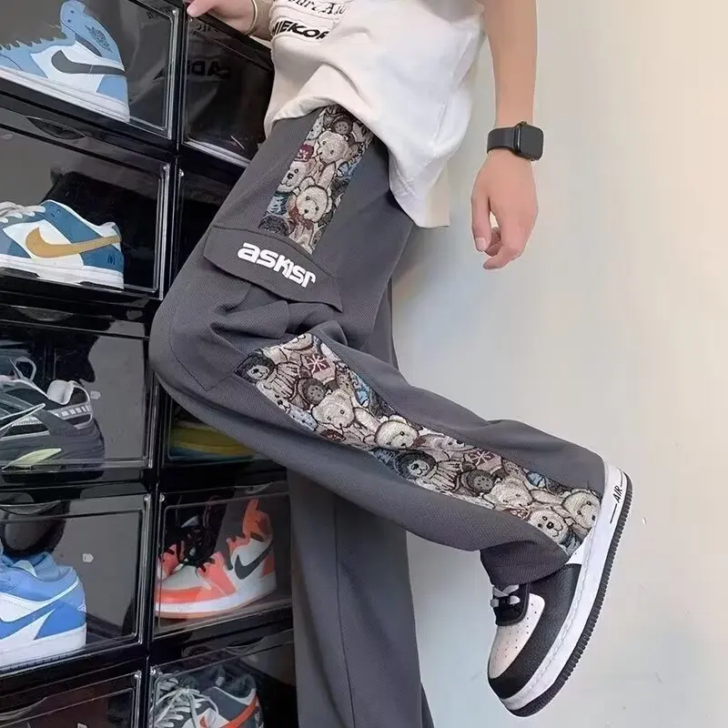 

White Sugar Rose Port Style Pi Shuai Men's Spring New Sports Pants Loose Wide Leg Straight Tube Casual Pants Trendy