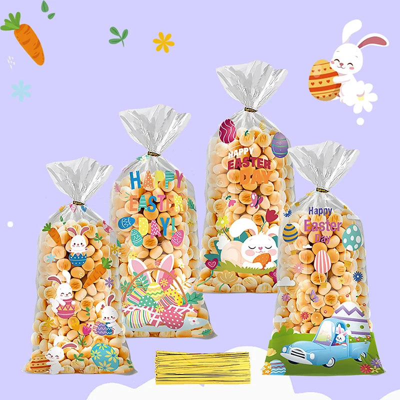 50Pcs Easter Gift Bags Cute Rabbit Hen Egg Pattern Candy Packaging Bags Open Top Cellophane Cookies Bags Easter Party Decor
