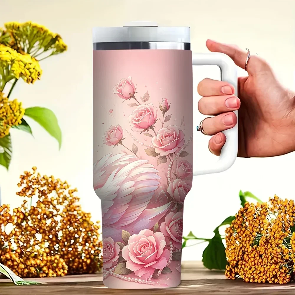 40Oz Tumbler with Handle, Romantic Pink Swan And Rose Love Print, Suitable for Couples, Fits Daily Use, Supports Hot And Cold Drinks for Both Outdoor And Indoor Scenes