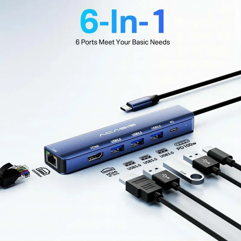 

ACASIS 4K@60Hz USB-C Hub, 6-in-1 Docking Station with HDMI, 100W PD, USB 3.0 - for Laptop/MacBook/Windows, Portable Adapter