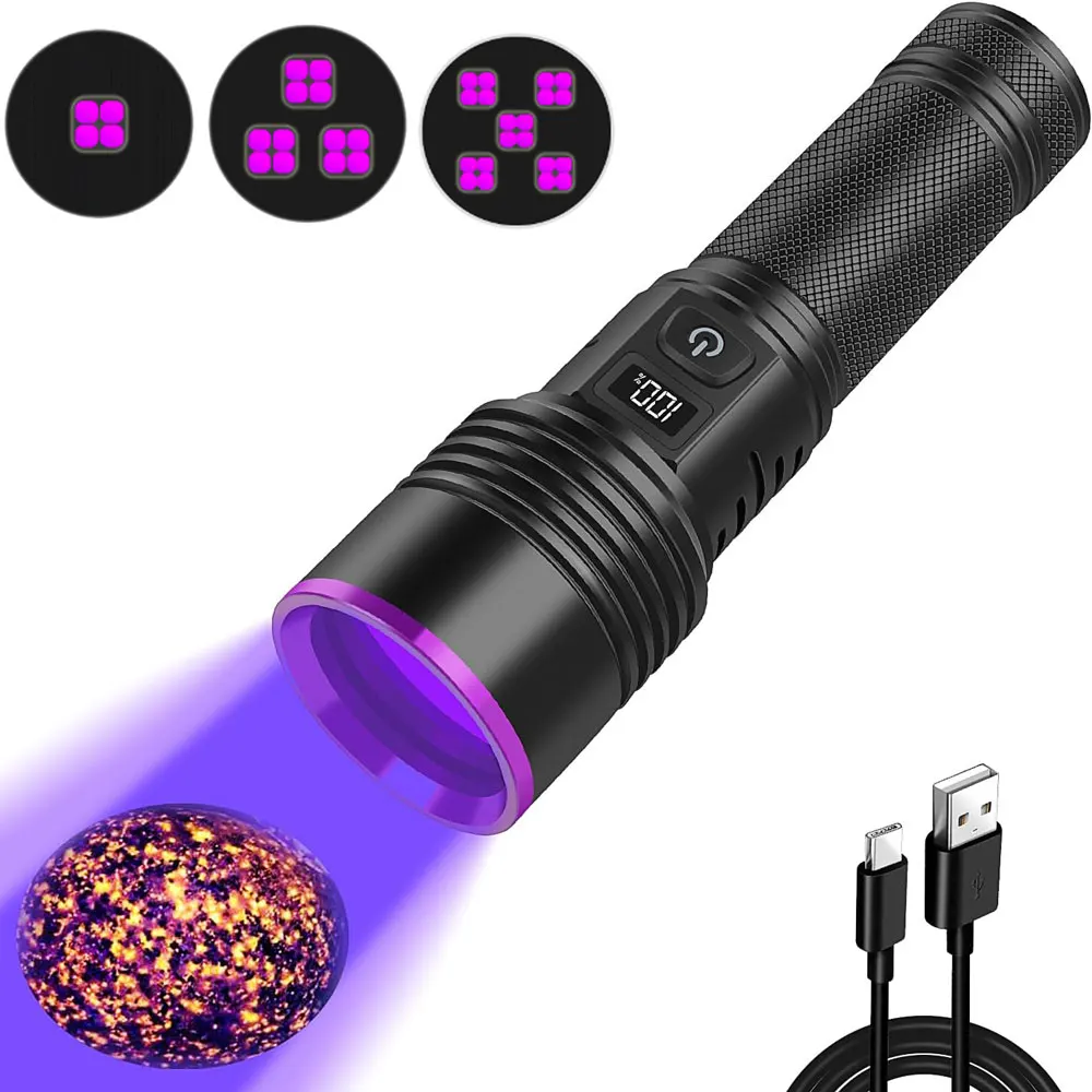 

УФ-фонарь 365 нм с USB-зарядкой, черный свет, с ЖК-дисплеем, мощный ультрафиолетовый фонарь для обнаружения мочи домашних животных