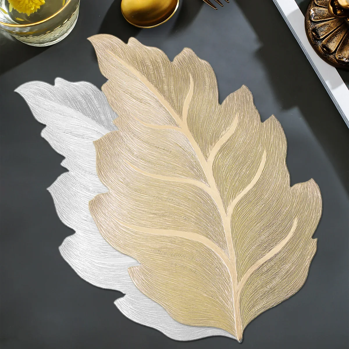 6/4pcs Large Size Leaf Shaped Placemat PVC Hot Stamping Process High-end Feel Home Restaurant Coffee Dinning Table Decor Mat
