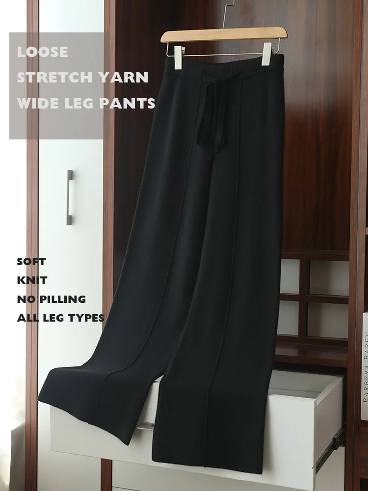 

Women Stretch Yarn Knitted Loose Center Line Wide Leg Pants All-match Long Trousers Floor Length Winter Must Have Casual #317