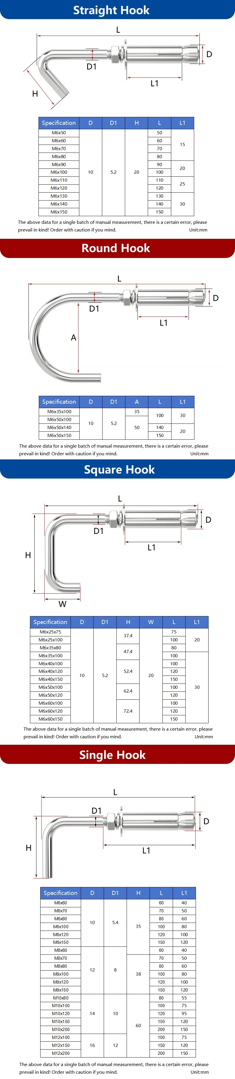 Beicai M6 M8 M10 M12 SUS304 Stainless Steel Straight/Round/Square/Single Hook Expansion Screw Sleeve Concrete Wall Anchor Bolt