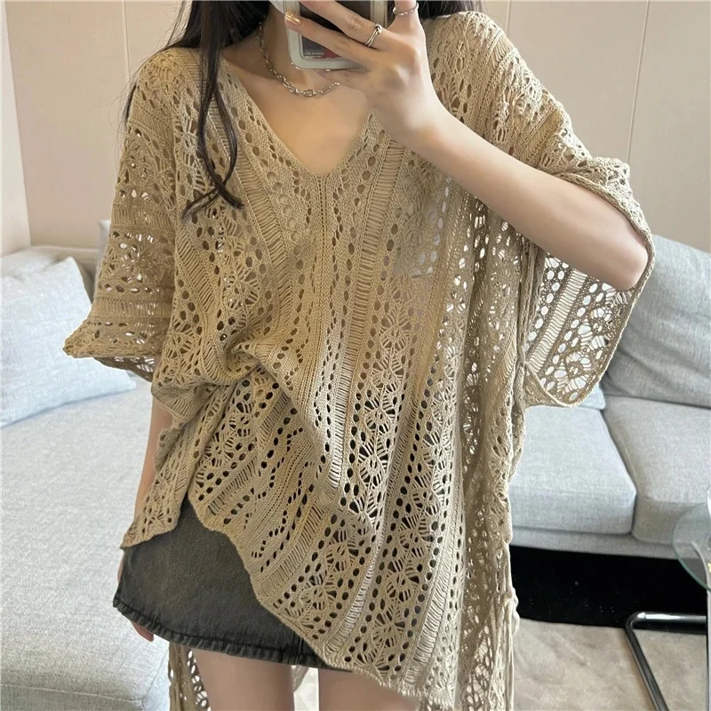 Hollow Out Knitted Sweater for Women in Summer Early Spring Fishing Net ice Silk Sunscreen Cover Short Sleeved Shirt Lazy Top WF