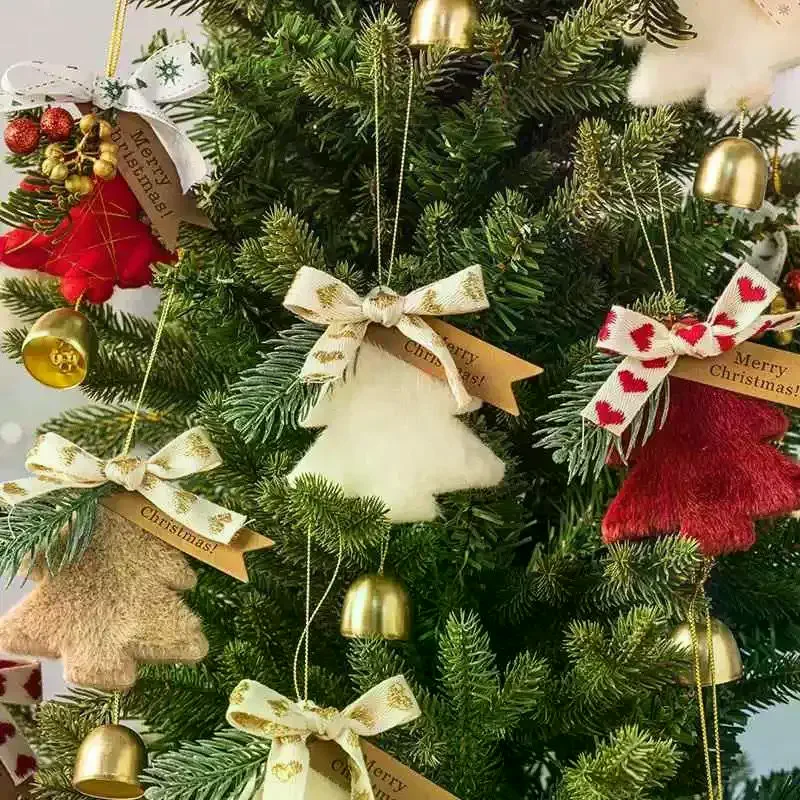 Cute Plush Sequin Christmas Tree Hanging Ornaments With Bow Golden Bell For Xmas Home Party Window Decoration