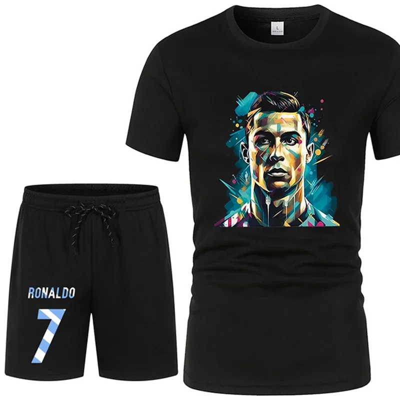 Conjunto esportivo estampado masculino, estrela do futebol, Cristiano Ronaldo, shorts de manga curta, moda respirável, verão, novo, 2 peças, 2024