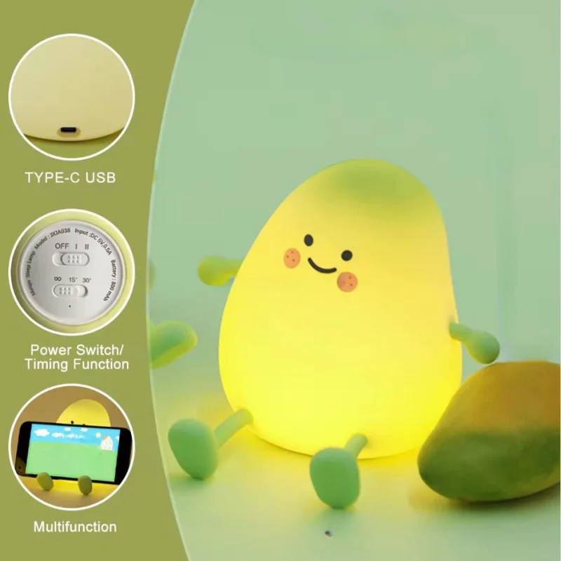 Mango Silicone Night Light With Timing Function, Type-C Rechargeable，Soft Light Eye Protection，Super Cute Holiday Birthday Gift