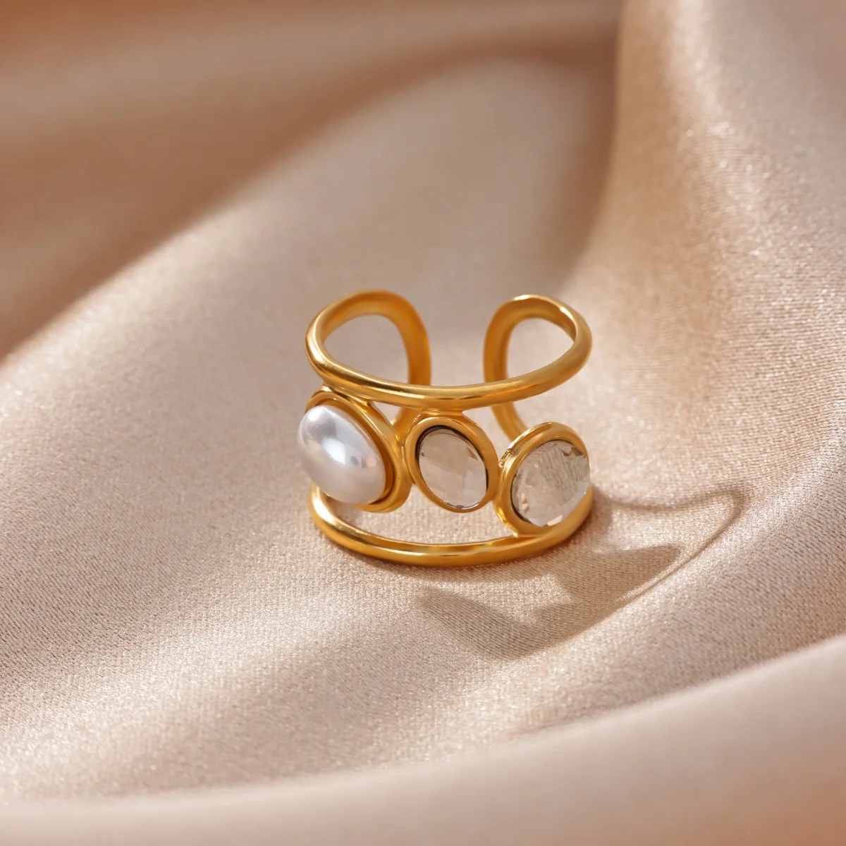 Zirkon-Perlen-Mehrschicht-Offenringe für Damen, 18K vergoldeter Edelstahl, geometrischer Öffnungsring, ästhetischer Hochzeitsschmuck