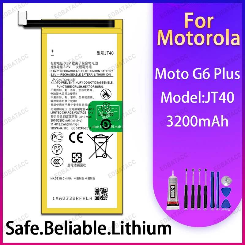 

100% Brand New JT40 Battery For Motorola Moto G6 Plus Large capacity Batteries+Free Tools