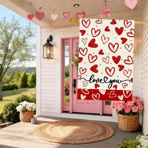 Valentines Day Garden Flag 28 x 40 Inch, Love Heart Double Sided Burlap Large OOV IIC