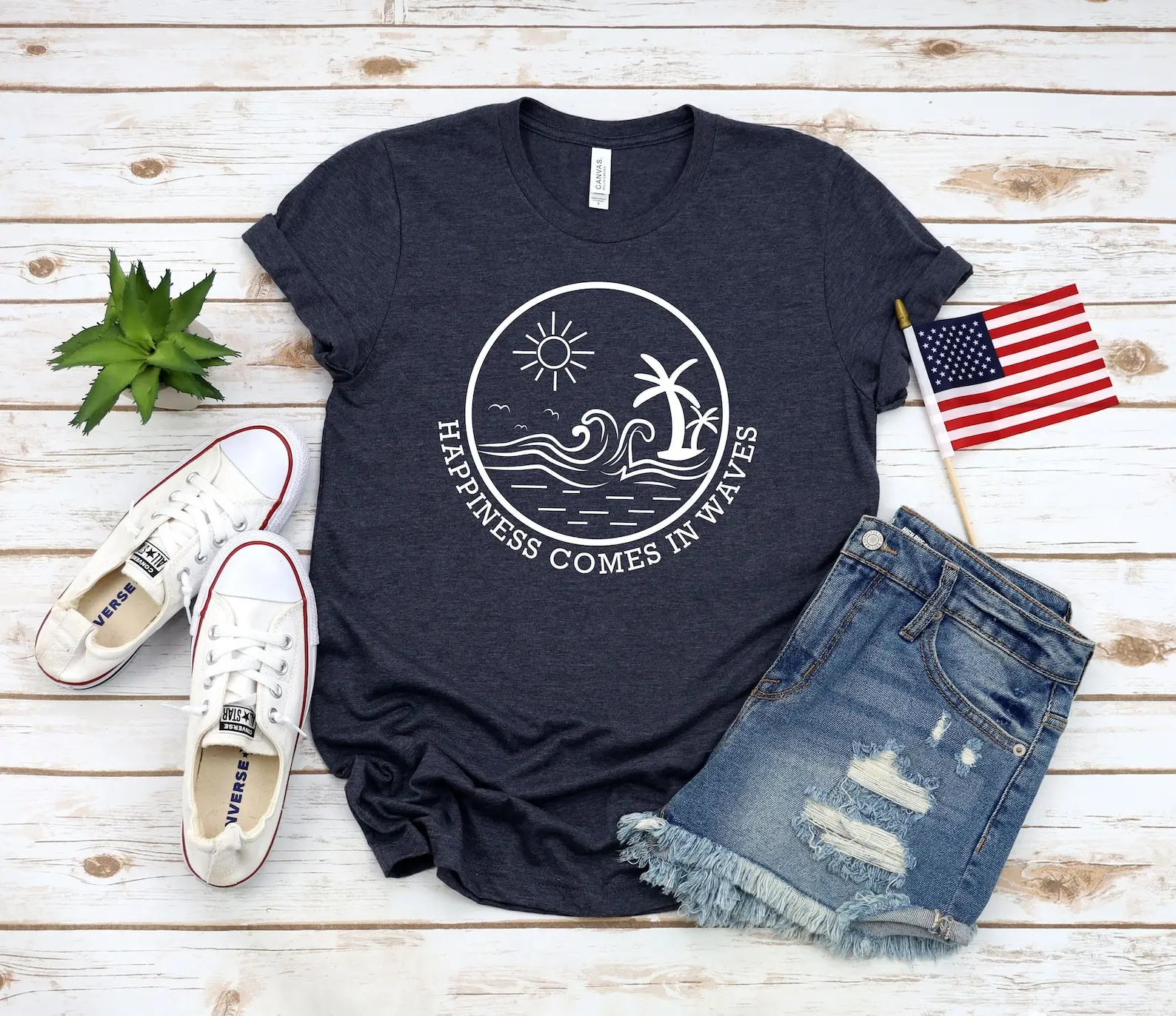 Happiness Comes Waves Tee Summer Graphic BeachT-shirts Boho Vintage Inspired Cotton