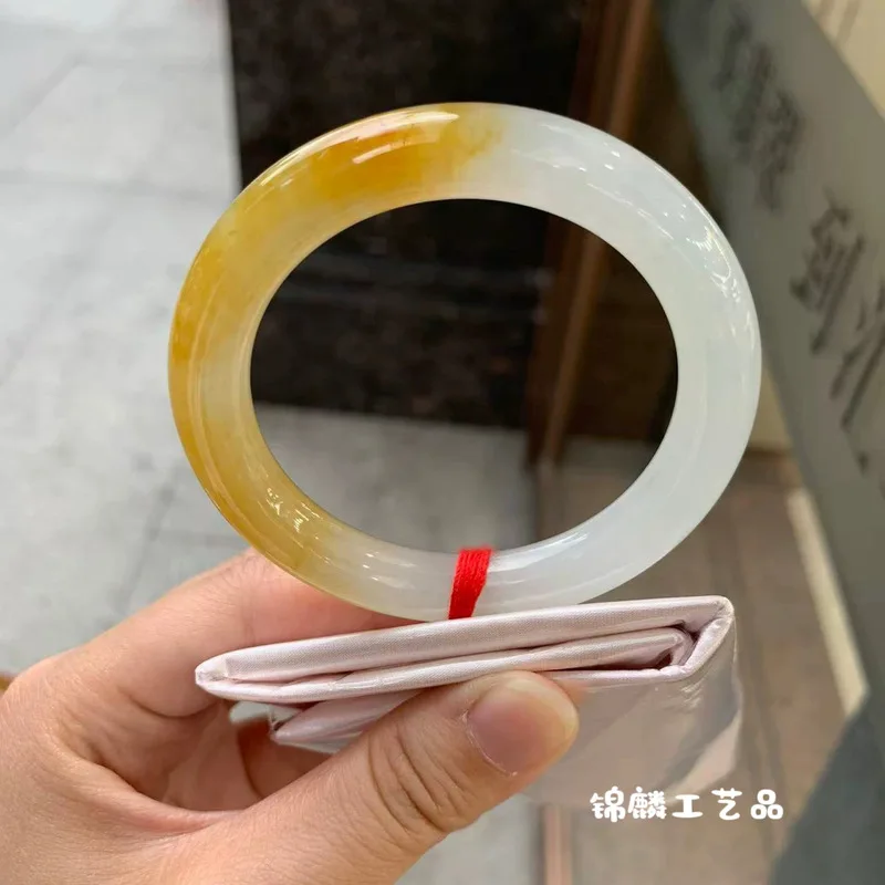 Ice Yellow Jadeite with Landscape Motif  Wealth-Attracting   Full-Color Bangle  Round Jade Bracelet
