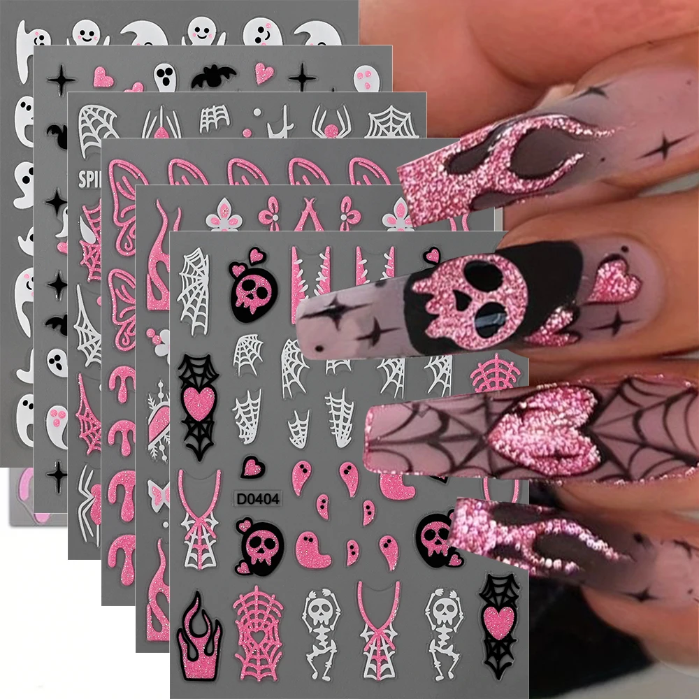 Pink Glitter Powder Skull Halloween 3D Nail Sticker 10X8cm Ghost Bat Spider Web Style Nail Decals DIY Winter Manicure Decoration