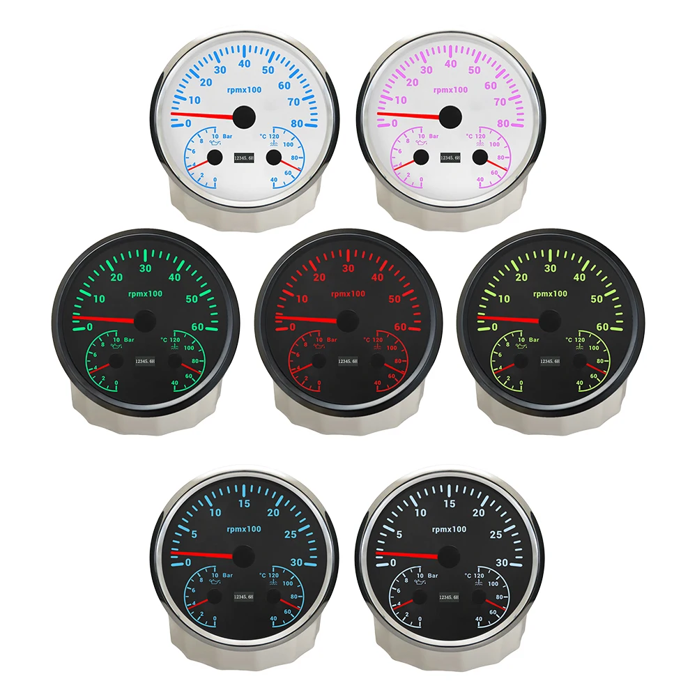 

ELING 110mm 3in1 3K 6K 8K RPM Tachometer with Oil Pressure 10Bar Water Temp 12V 24V for Car Truck Boat with 7 Colors Backlight