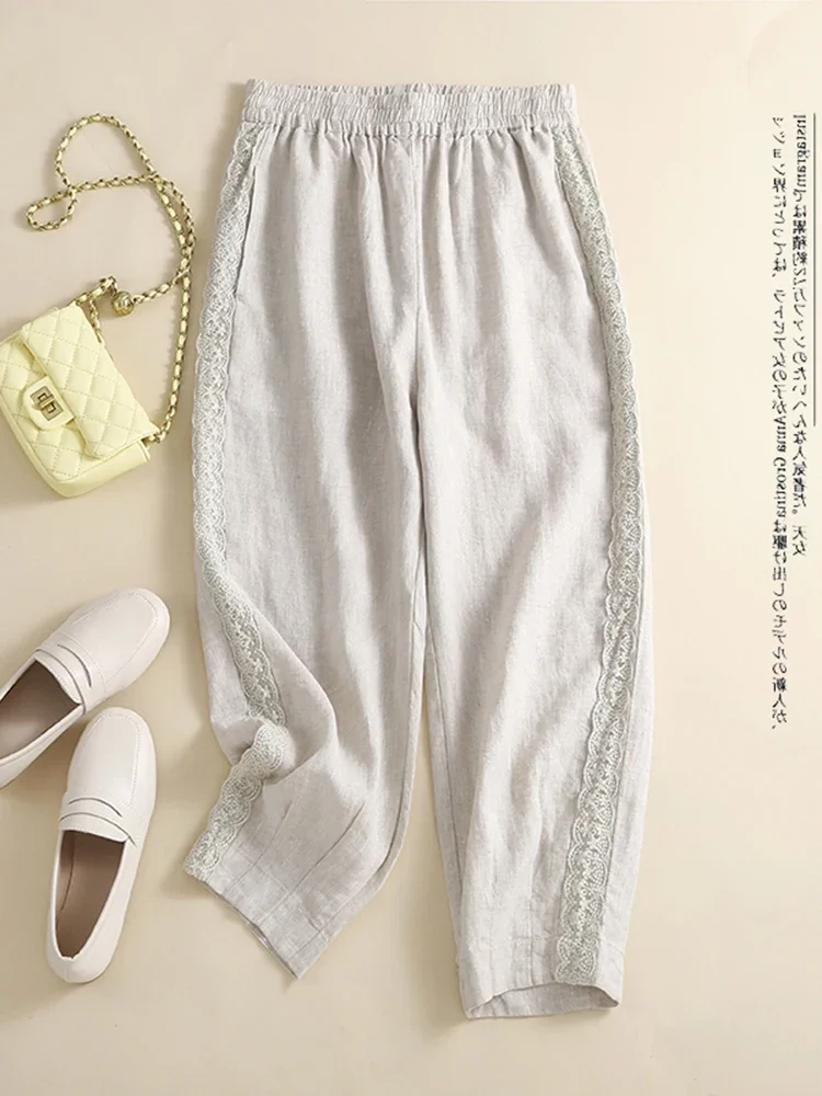 Summer Thin Cotton Linen Chic Lace Patchwork Trousers Elastic High Waist Literary Elegant Style Lady Daily Harem Pant JJ116