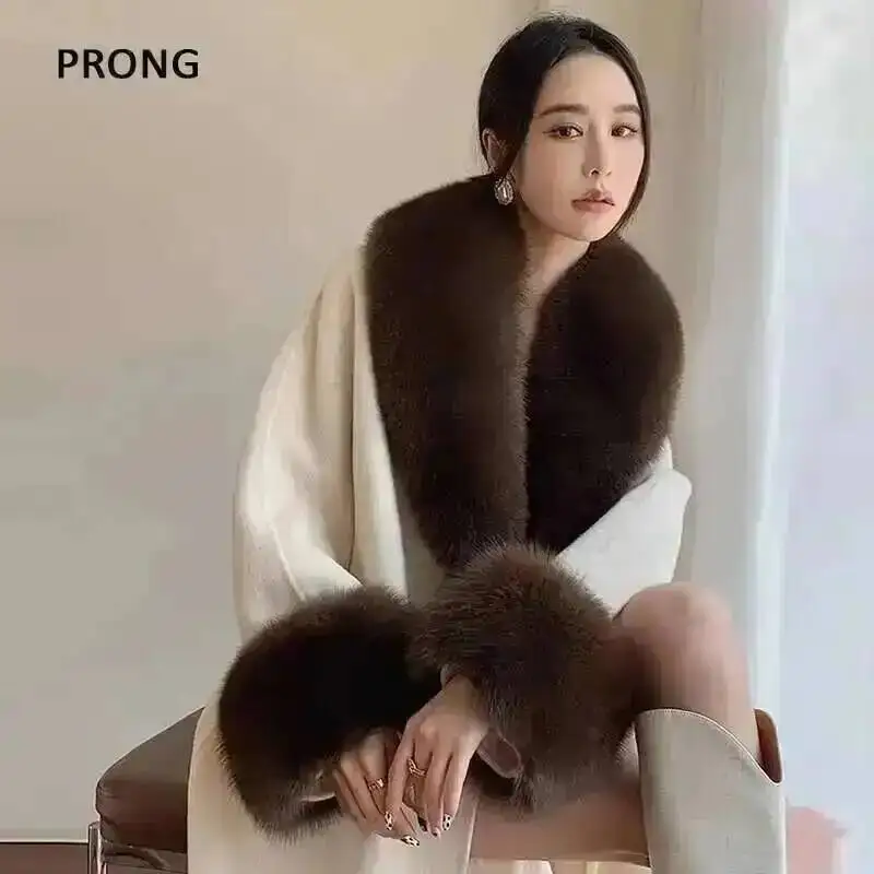 100% Real Fox Fur Collar Winter Coat Jacket Fur Scarf Suit Fluffy Fur Shawl Fur Cuff Set Luxury Furry Fur Shawls Wraps Scarves