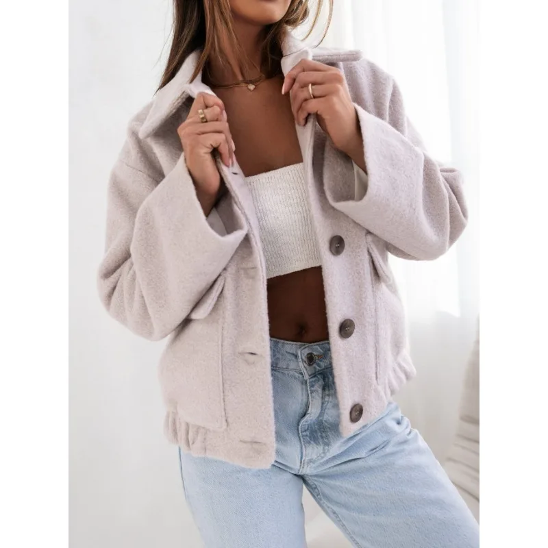 

Women's Winter Simple Versatile Fashion Solid Color Single Breasted Woolen Coat Ladies Casual Long Sleeved Wool Jacket