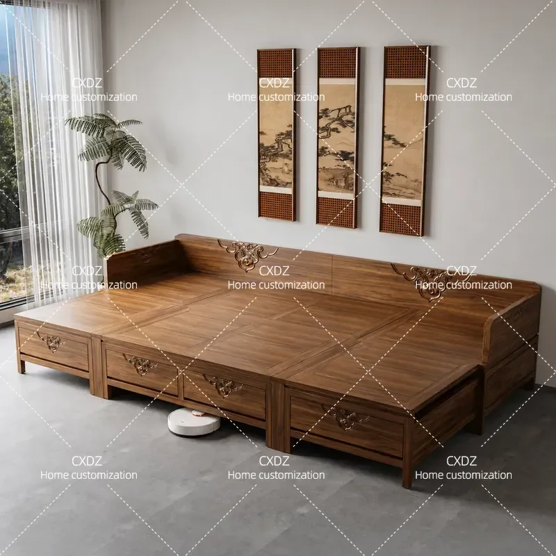 Solid Wood Retractable Folding Sofa Bed Push Pull Flip Top Arhat Bed Home Carving Zen Style Multi Function Furniture