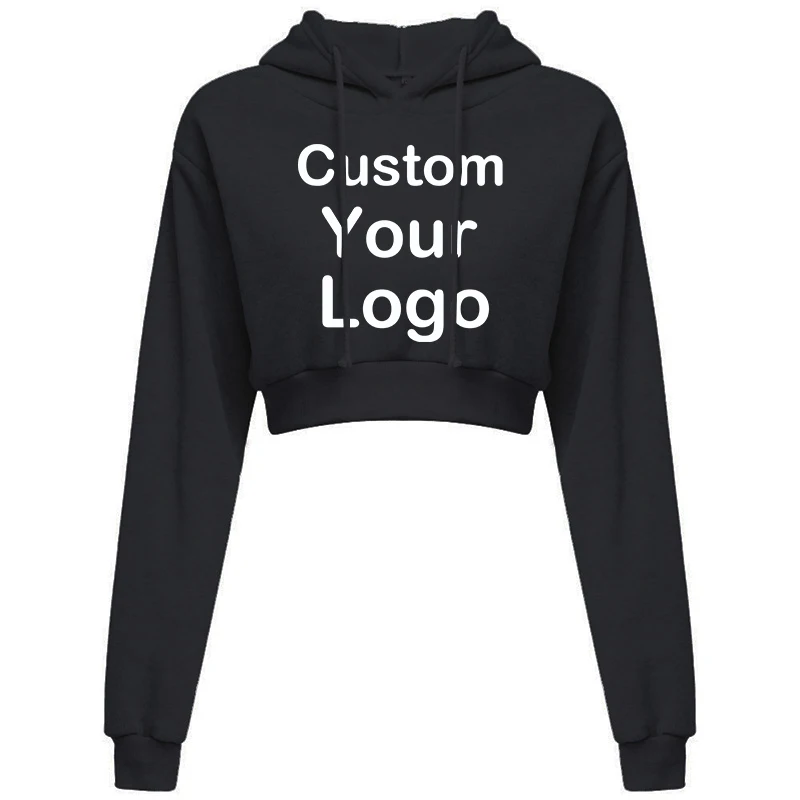Customized Logo Print Crop Hoodie Women Spring Autumn Pullovers Ladies Solid Color Drawstring Hooded Full Sleeve Sweatshirt