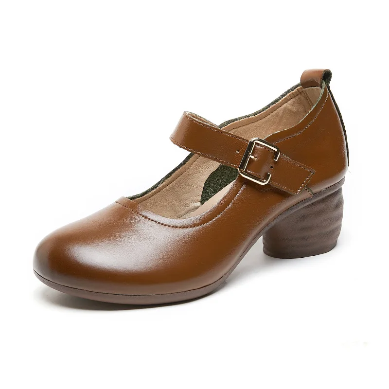 

Retro Pumps Shoes For Women Med Block Heels Handmade Mary Janes Shoes New Ladies Vintage True Leather Elegant Pumps Court Shoes