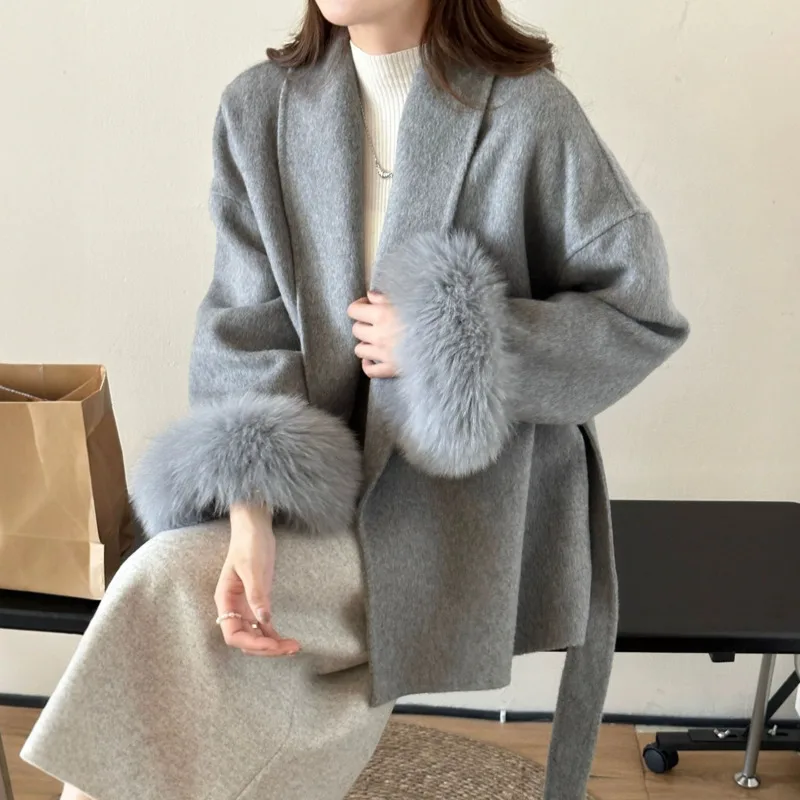 HKSH Autumn Winter New Women Coat Long Sleeved Patchwork Fur Sashes Elegant Fashion Office Lady Double-Sided Wool Jacket HK12024
