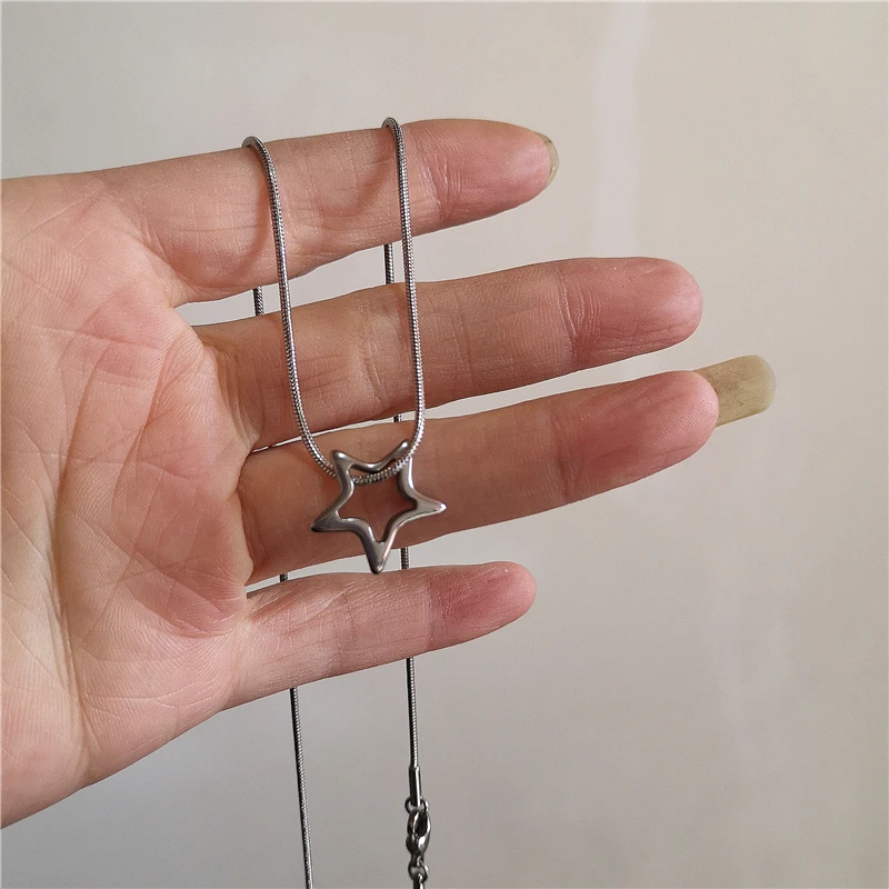 Kpop Punk Grunge Silver Color Star Cross Pendants Necklace For Men Women Couple Vintage Aesthetic Jewelry Y2K EMO Accessories