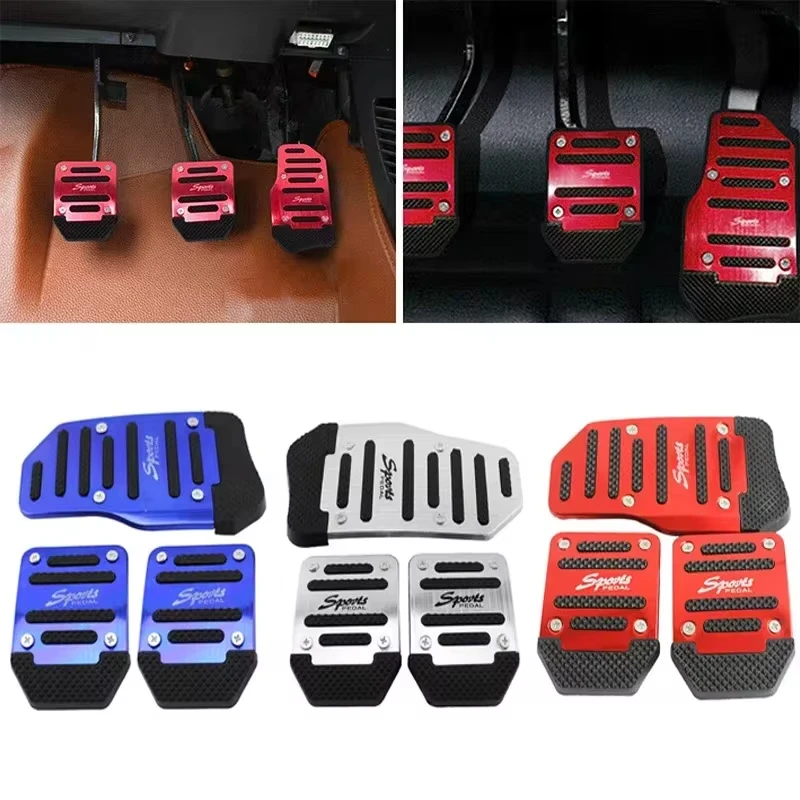 Universal Non-Slip Pad Manual/Automatic Stop Pedal Aluminum Alloy Car Pedal Cover Set Kit Car Accessories Red/Blue/Silver