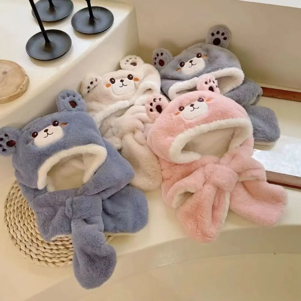 

Fashion Plush Winter Baby Hats Cartoon Soft Kids Earflap Bonnet Cap Thickened Windproof Bear Ear Hooded Scarf Set for Children
