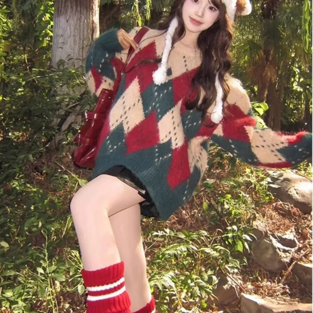 คริสต์มาสอาร์ไกล์ถักเสื้อสวมหัวผู้หญิงฤดูหนาวขนเฟอร์นุ่มสบายเสื้อถักสาวโชโจความงามคาวาอิน่ารักเสื้อสเวตเตอร์ขนาดใหญ่ Y2K