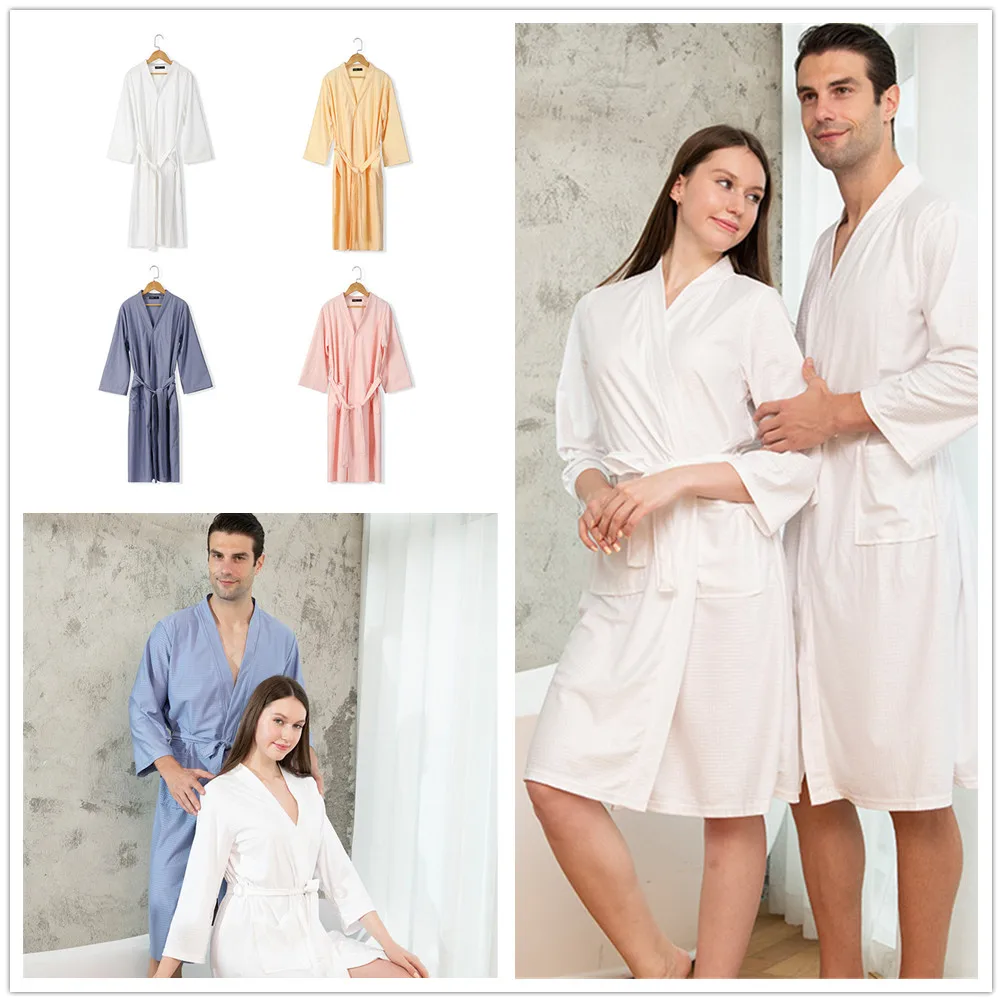 Large Size Solid Waffle Robe Couple Pajamas Absorbent Quick-Drying Bathrobe Men Sleepwear Women Lacing Homewear