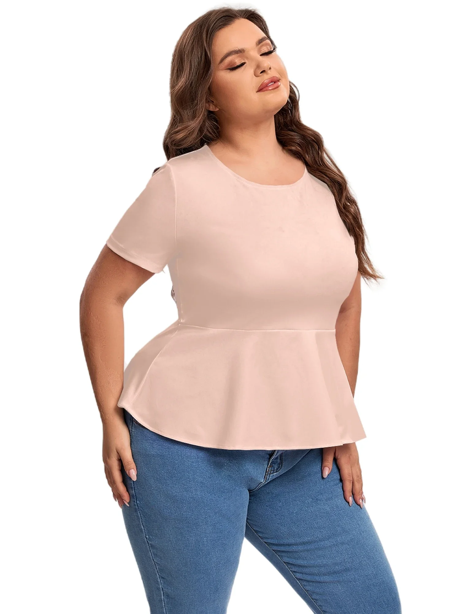 Plus Size Short Sleeve Elegant Summer Peplum Tops Women Keyhole Back Ruffle T-shirt Tee Blouse Plus Size Odzież Damska 5XL 6XL