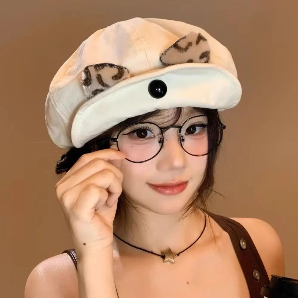 

Cute Vintage Cat Ears Beret Leopard Y2k Painter Berets Versatile Flipped Brim Beanie Cap Streetwear