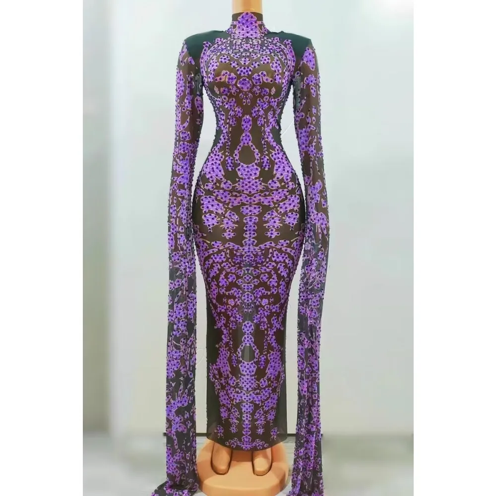 الموضة الراقية الياقة المدورة متعدد الألوان حجر الراين بأكمام طويلة شبكة سوداء فستان أنيق Vestidos Elegantes Para Bodas Invitados